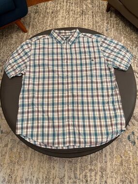 Marmot Men’s XXL Hiking Nylon Button Down Shirt Blue and Brown Plaid